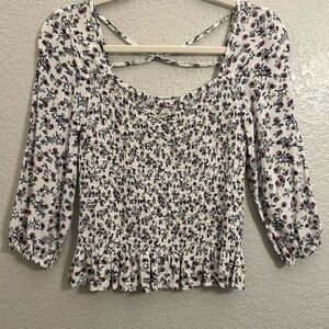 Almost Famous White Floral Smocked Blouse